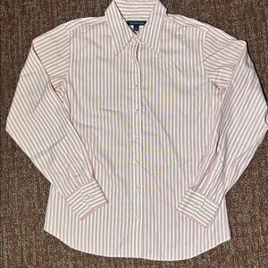 Lands End striped red pink and White Striped Dress Shirt collared long sleeve